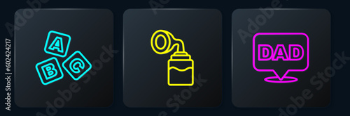 Set line ABC blocks, Speech bubble dad and Breast pump. Black square button. Vector