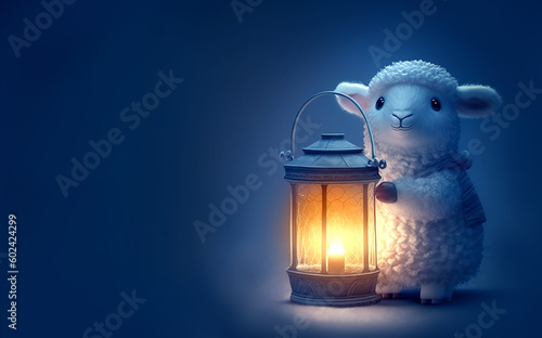 Islamic greeting Eid Mubarak cards for Muslim Holidays.Eid-Ul-Adha festival celebration. Sheep holding lantern. Generative AI illustration.