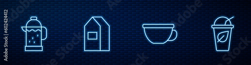 Set line Cup of tea, French press, Paper package for milk and with leaf. Glowing neon icon on brick wall. Vector