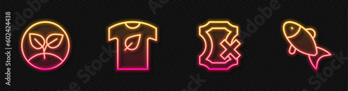 Set line No leather, Sprout, Vegan shirt and Fish. Glowing neon icon. Vector