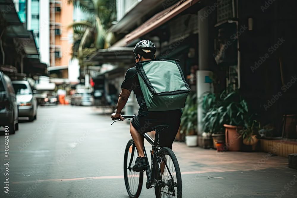 Fototapeta premium Delivery Man with Food Box Riding Bike, with city background. Generative AI