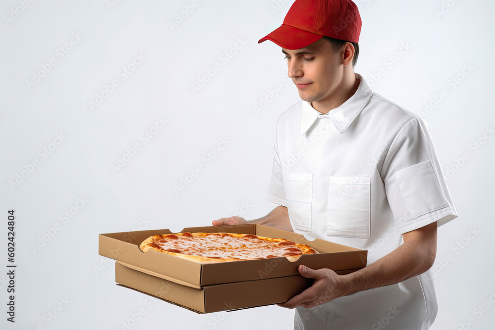 Pizza delivery man, hot pizza delivered. White background with copyspace, Generative AI Pizza delivery man, hot pizza delivered. White background with copyspace, Generative AI