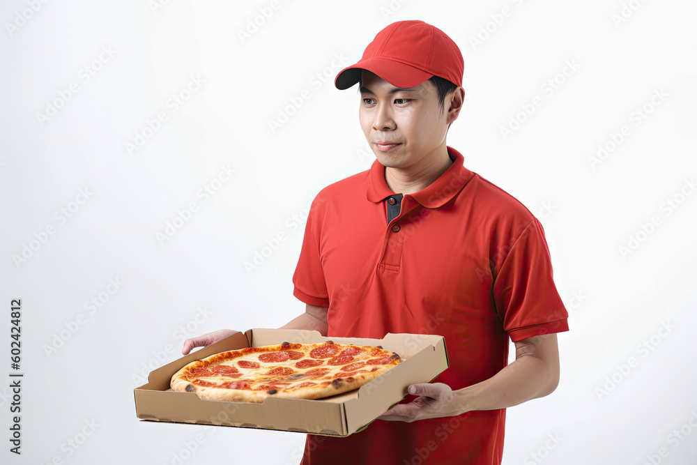 Pizza delivery man, hot pizza delivered. White background with copyspace, Generative AI Pizza delivery man, hot pizza delivered. White background with copyspace, Generative AI