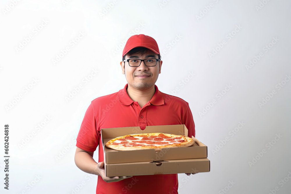 Pizza delivery man, hot pizza delivered. White background with copyspace, Generative AI Pizza delivery man, hot pizza delivered. White background with copyspace, Generative AI