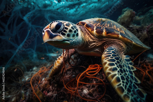 An underwater scene reveals a majestic sea turtle entangled in a web of plastic waste.  © Falk