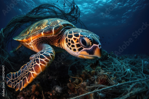 An underwater scene reveals a majestic sea turtle entangled in a web of plastic waste. 