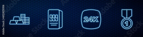 Set line Gold bars 24k, coin with gold, and medal. Glowing neon icon on brick wall. Vector