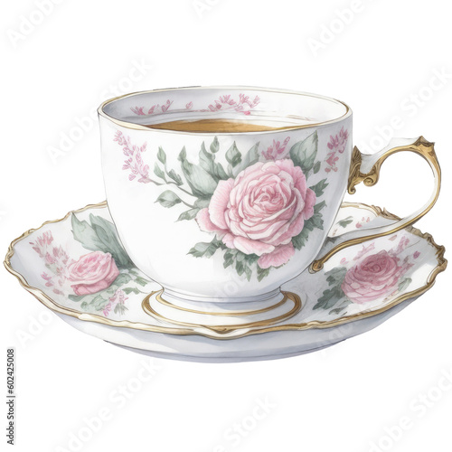 Pink vintage Teacup, watercolor antique Cup of Tea, Old Porcelain, Isolated on Transparent Background. Generative AI	