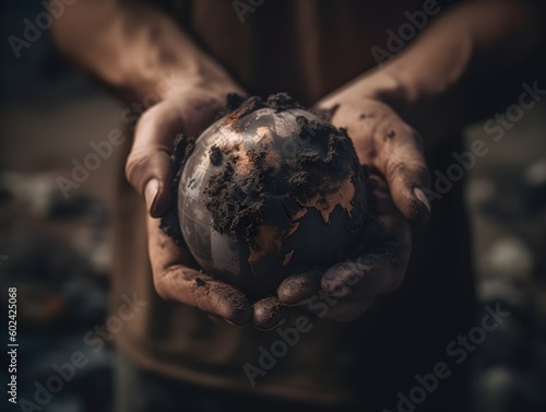 Two hands holding a polluted earth globe Generative AI