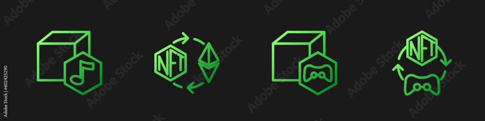 Set line NFT Digital crypto art, Ethereum exchange and . Gradient color icons. Vector Set line NFT Digital crypto art, Ethereum exchange and . Gradient color icons. Vector