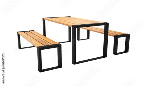 Fototapeta Naklejka Na Ścianę i Meble -  Table and benches made of wood and metal. A set of modern park and garden furniture in the loft style. 3d rendering