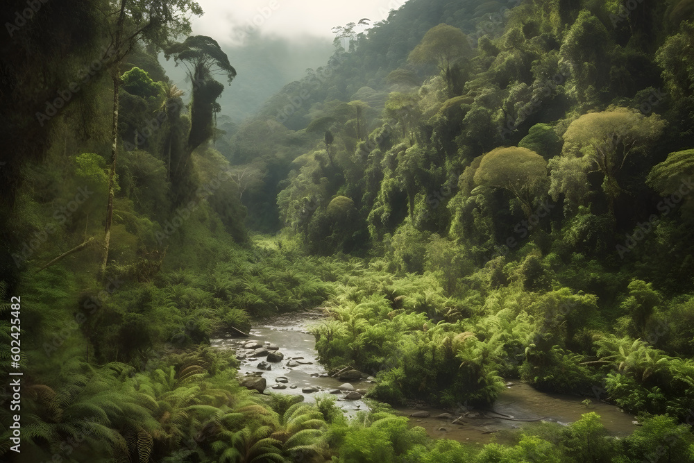 Tropical rainforest with river and hills 