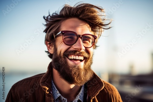 Tablou canvas Laughing young man wearing a long hipster beard looking at the camera
