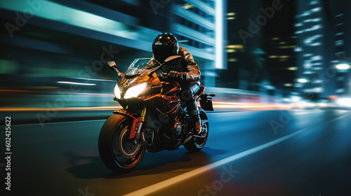 Generative AI image of motorcycle rider riding alone in the city at night with motion blur effect in the background. Motorcycle is a popular mode of transportation