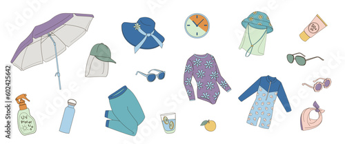 set elements about protective measures against the solar radiation and UV ultraviolet on the beach and during water sport for adults and kids