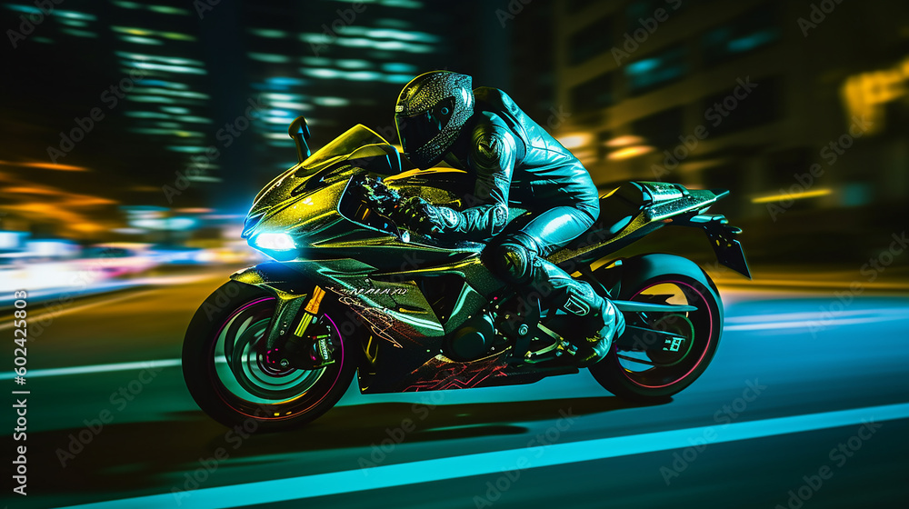 Generative AI image of motorcycle rider riding alone in the city at night with motion blur effect in the background. Motorcycle is a popular mode of transportation
