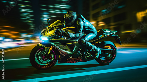 Generative AI image of motorcycle rider riding alone in the city at night with motion blur effect in the background. Motorcycle is a popular mode of transportation © hmzphotostory
