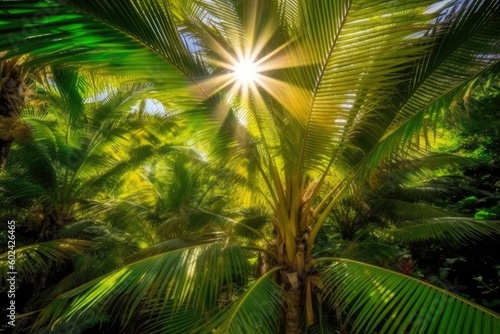 sunlight filtering through the green foliage of a tropical palm tree Generative AI