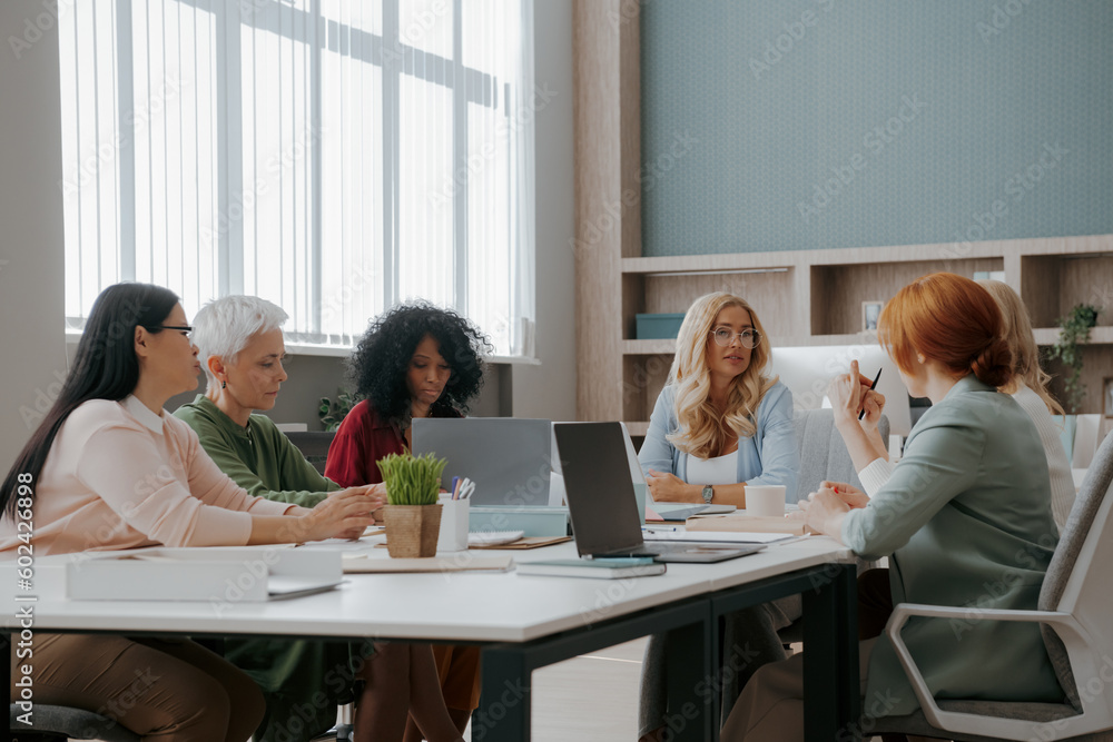 Group of confident mature women having business meeting in the office
