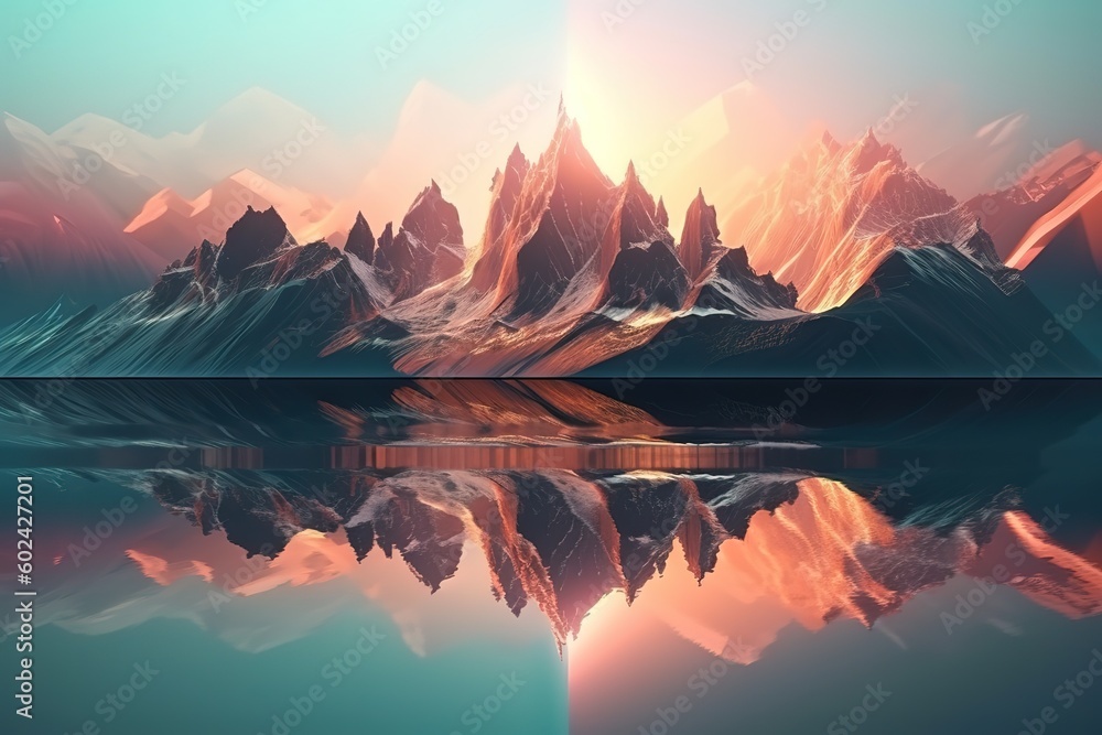 Fantasy landscape panorama with mountains reflecting in the water. Abstract background. Spiritual Zen wallpaper with skyline, Generative AI