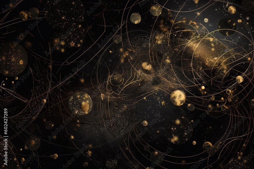 Naklejka premium abstract cosmic background with gold metallic foil and marbled textures inlay. Sacred geometry with celestial motif, stars and planets. Galaxy wallpaper, Generative AI
