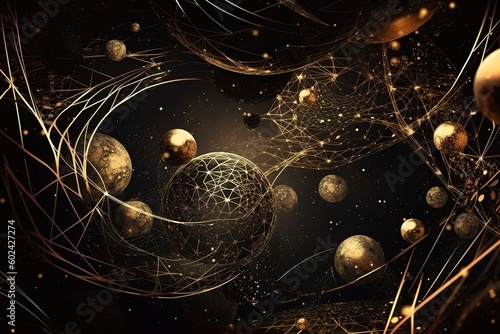 abstract cosmic background with gold metallic foil and marbled textures inlay. Sacred geometry with celestial motif, stars and planets. Galaxy wallpaper, Generative AI