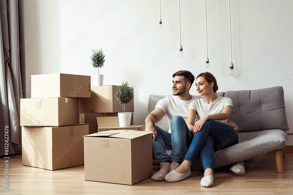 Couple just arrived to a new apartment, boxes still on the ground. Generative ai Couple just arrived to a new apartment, boxes still on the ground. Generative ai