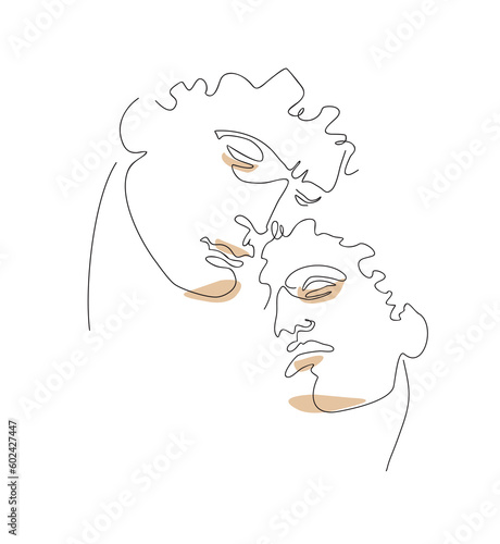 Line Art Portrait of Two Men in Love, made of Black Line and Brown Stains on a White Background. Vector Illustration of Men. Continuous Line Minimalist Portrait. Gay Couple. Modern Romantic Art Print.