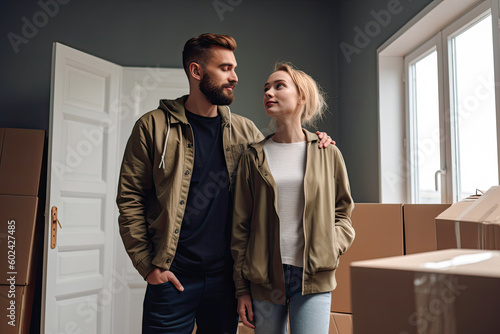 Couple just arrived to a new apartment, boxes still on the ground. Generative ai