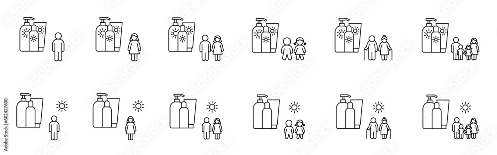 Sunblock for people of all ages. Three bottles of sunscreen cosmetics for a man, woman, kids, family, seniors. Set of outline icons (thin line vector). Editable Strokes Sunblock for people of all ages. Three bottles of sunscreen cosmetics for a man, woman, kids, family, seniors. Set of outline icons (thin line vector). Editable Strokes