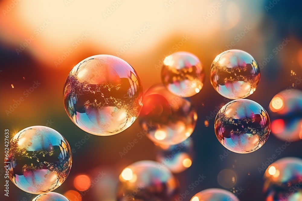 Soap bubbles against a blurred light background. AI generative