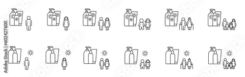 Sunblock for people of all ages. Three bottles of sunscreen cosmetics for a man, woman, kids, family, seniors. Set of outline icons (thin line vector). Editable Strokes
