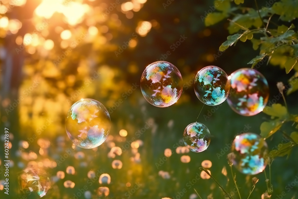 Soap bubbles against a blurred light natural summer background. AI generative Soap bubbles against a blurred light natural summer background. AI generative