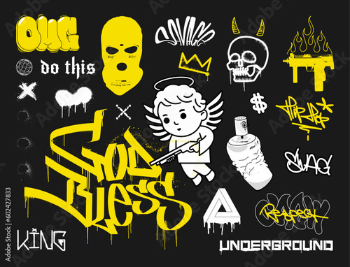Street underground elements - graffiti spray, tags, angel with gun, skull, lettering, phrases for t-shirt, merch, apparel, streetwear. Underground, hip-hop, gangsta acid elements. Street lettering art