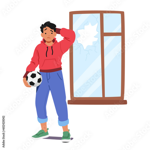 Boy Character Broke Window With Ball, Causing Shattered Glass And A Scattered Mess. Careless Accident