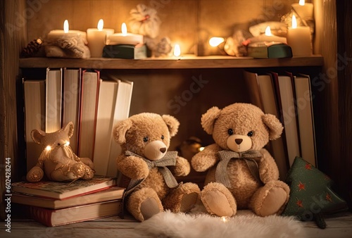 teddy bears on a shelf with an open book, generative ai
