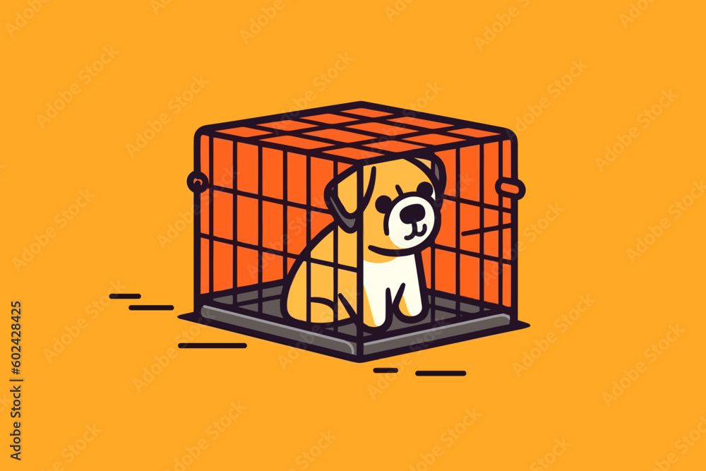 Doodle inspired Dog crate, cartoon sticker, sketch, vector