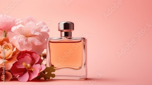 Bottle of perfume with flowers. Illustration AI Generative.