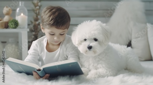 Child reads book with dog. Illustration AI Generative.