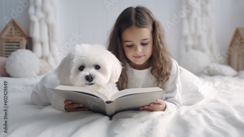 Child reads book with dog. Illustration AI Generative.