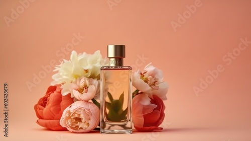Bottle of perfume with flowers. Illustration AI Generative.