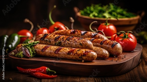 Grilled sausages on a wooden board Illustration AI Generative.
