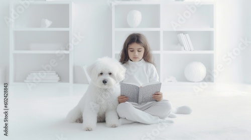 Child reads book with dog. Illustration AI Generative.