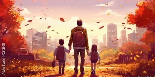 Back to school. View from the back of a happy dad escorts his sons schoolchildren to school. Illustration AI Generative