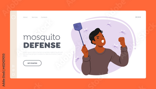 Mosquito Defense Landing Page Template. Man With Fly Swatter Aggressively Hits Mosquito In Mid-air, Vector Illustration