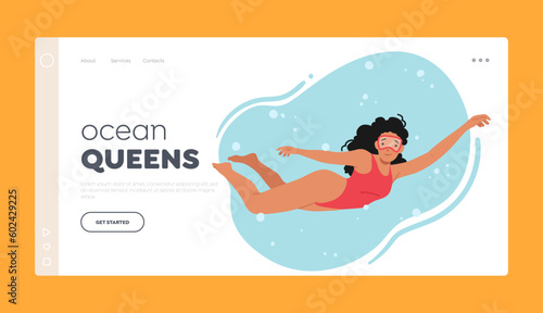 Ocean Queens Landing Page Template. Woman Wearing Red Swimsuit Diving. female Character Confidently Swimming