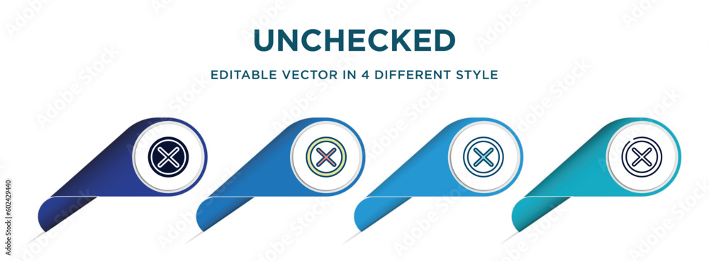 unchecked icon in 4 different styles such as filled, color, glyph, colorful, lineal color. set of vector for web, mobile, ui unchecked icon in 4 different styles such as filled, color, glyph, colorful, lineal color. set of vector for web, mobile, ui