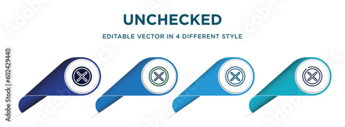 unchecked icon in 4 different styles such as filled, color, glyph, colorful, lineal color. set of   vector for web, mobile, ui