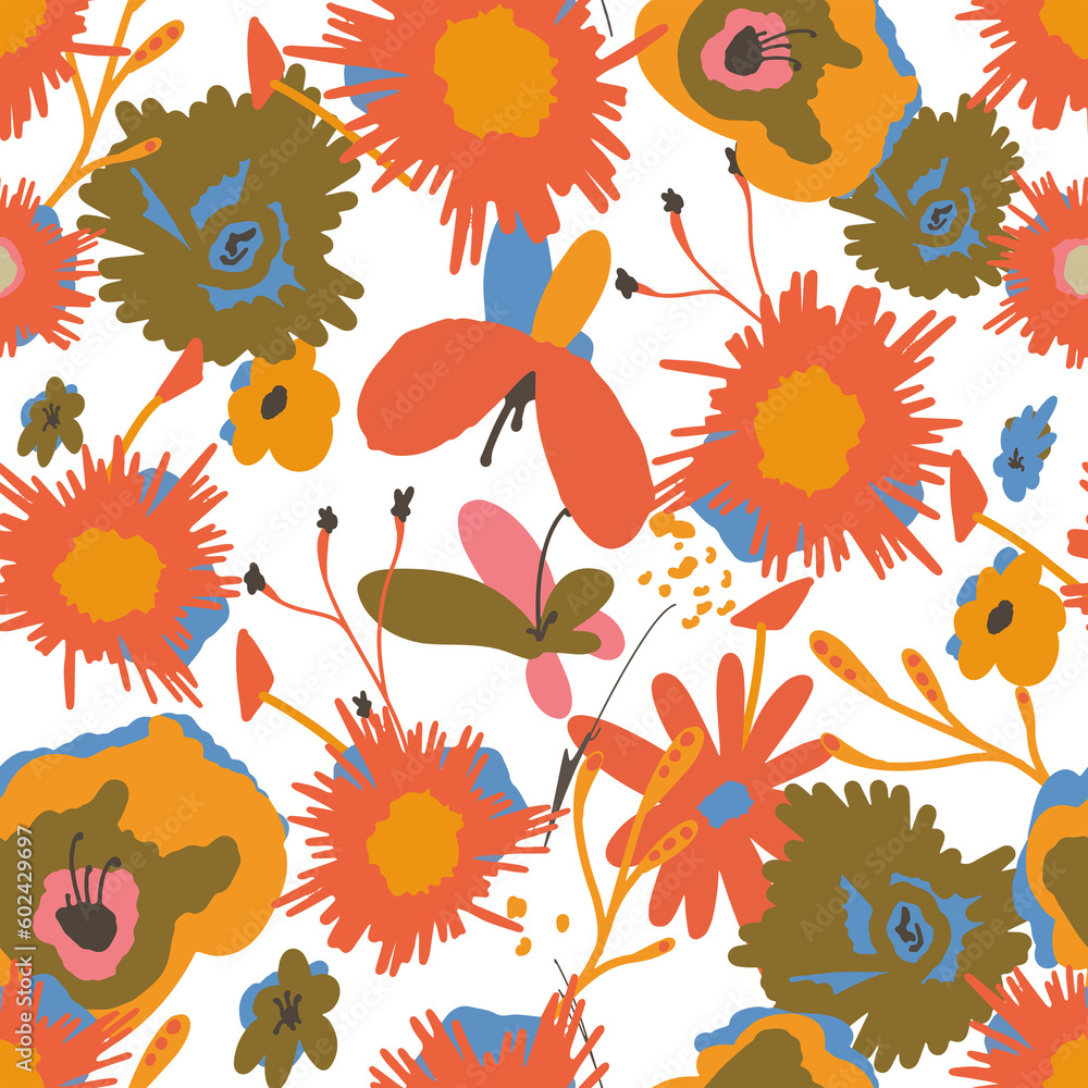 70s 80s seamless pattern elements flowers abstract modern wild peace love 