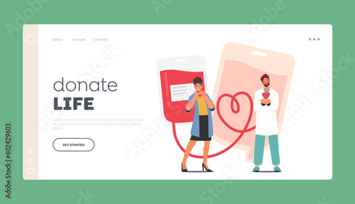 Donate Life Landing Page Template. Doctor and Donor Characters Showing Heart Symbol. Donating Blood Helps Save Lives